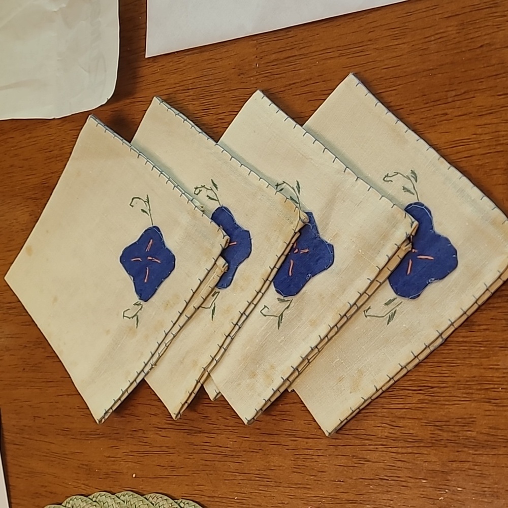 4 vintage tea napkins  hand sewn linen